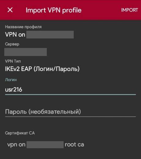 Ввод данных для подключения к серверу VPN