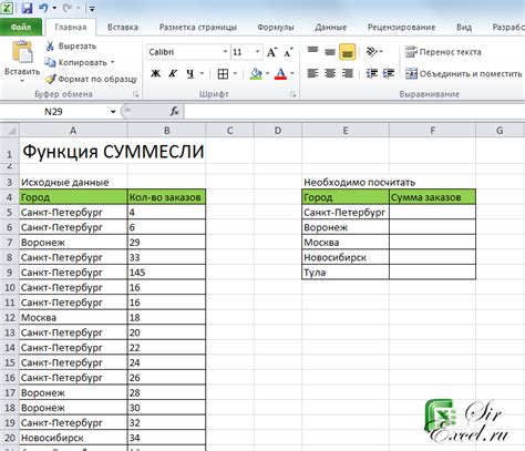 Простой пример использования функции СУММА в Excel